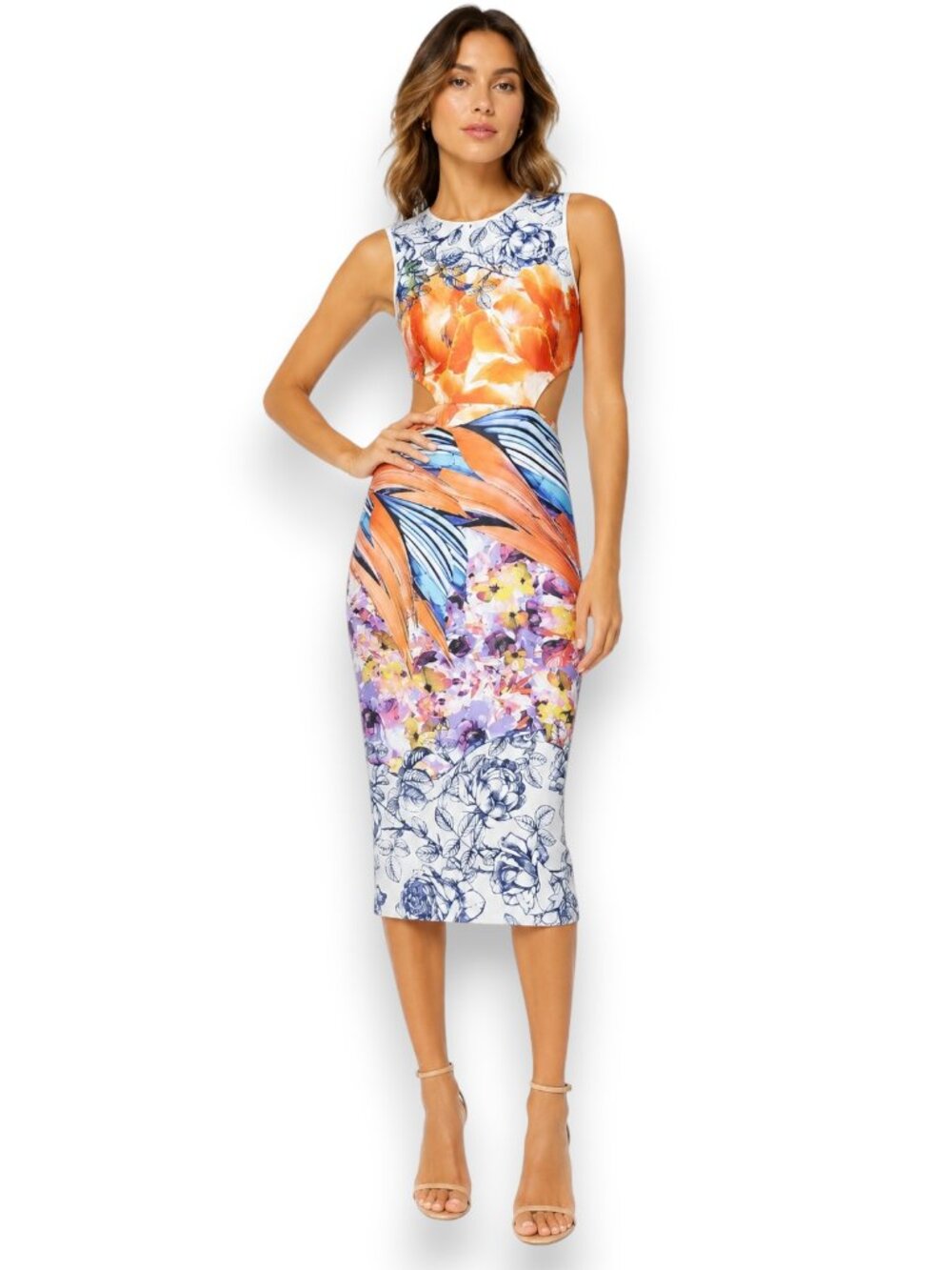 Clover Canyon Floral Bird Print Waist Cutout Midi Dress Blue Orange Size Small - Picture 14 of 15